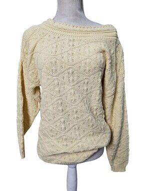 Cream Sweater 80s Chunky Knit Oversized Comfy Accordeon Small Heavy Cotton
